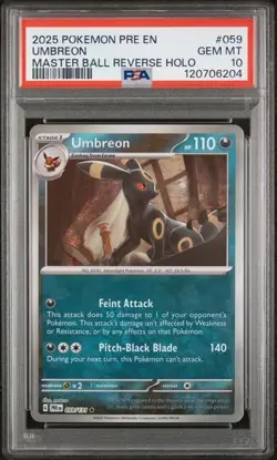 UMBREON 2025 POKEMON PRE EN-PRISMATIC EVOLUTIONS MASTER BALL REVERSE HOLO PSA 10 - Image 1