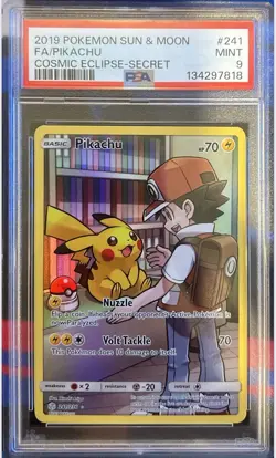 2019 POKEMON SUN & MOON COSMIC ECLIPSE SECRET #241 FULL ART/PIKACHU PSA 9 - Image 1