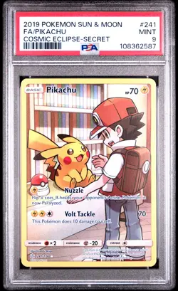 2019 POKEMON SUN & MOON COSMIC ECLIPSE SECRET #241 FULL ART/PIKACHU PSA 9 - Image 1