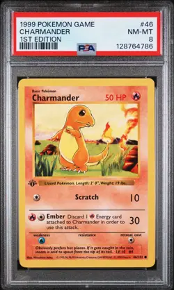 PSA 8 Charmander 46/102 1st Edition Base Set Game 1999 Pokemon Card - Image 1