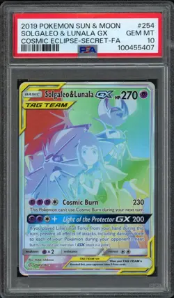 2019 Pokemon Sun & Moon Cosmic Eclipse Solgaleo & Lunala GX 254/236 PSA 10 Gem - Image 1