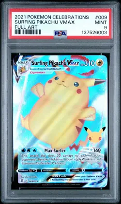 PSA MINT 9 - 2021 POKEMON CELEBRATIONS FULL ART 009 SURFING PIKACHU VMAX - Image 1