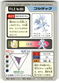 1997 LP Pokemon Golduck No. 055 Bandai Carddass Series 3-4 Japanese - Image 2