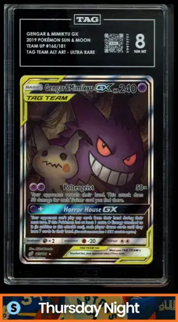 2019 POKEMON SUN & MOON TEAM UP #165/181 GENGAR & MIMIKYU GX TAG TEAM TAG 8 - Image 1