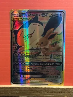 Reprint FANART CARD Pokemon TCG Pokemon Eevee & Snorlax GX Promo Holo - Image 1