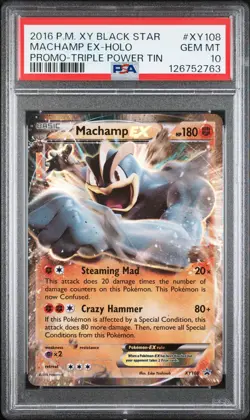 2016 POKEMON XY BLACK STAR PROMO TRIPLE POWER TIN #XY108 MACHAMP EX-HOLO PSA 10 - Image 1