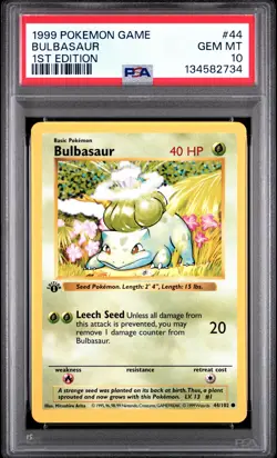 1999 Pokemon Game #44 Bulbasaur 1st Edition Shadowless PSA 10 GEM MINT - Image 1