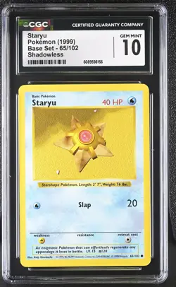 CGC 10 GEM MINT Staryu 1999 Base Set 65/102 Shadowless Pokemon Card - Image 1