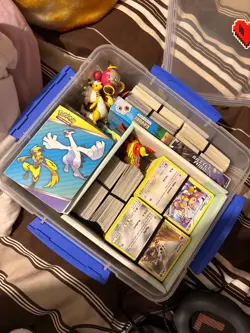 Box of pokemon cards, pokemon toys, a pokedex, game mats, all from my childhood. - Image 2