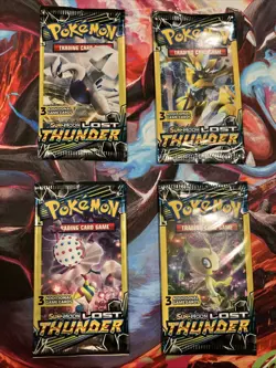 Pokemon Sun & Moon Lost Thunder (4) 3-Card Booster Packs Art Set 2018 Sealed - Image 1