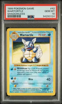 1999 POKEMON BASE SET SHADOWLESS #42 WARTORTLE PSA 10 - Image 1
