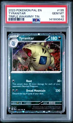 2023 POKEMON PAL EN-PALDEA EVOLVED TRIPLE WHAMMY TIN #135 TYRANITAR PSA 10 - Image 2