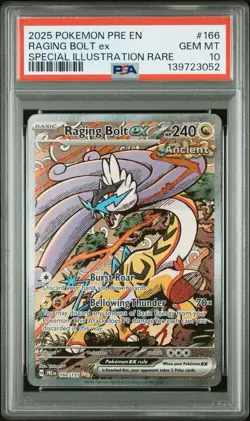 2025 POKEMON PRISMATIC EVOLUTIONS SPECIAL ILLUSTRATION RAGING BOLT EX 166 PSA 10 - Image 1