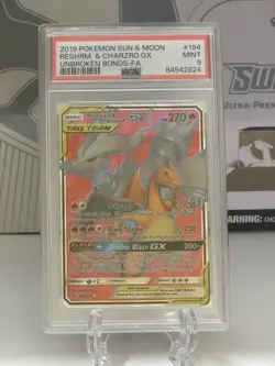 2019 POKEMON SUN & MOON UNBROKEN BONDS FULL ART/RESHIRAM & CHARIZARD GX PSA 9 - Image 1