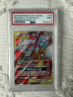2019 POKEMON SUN & MOON UNBROKEN BONDS FULL ART/RESHIRAM & CHARIZARD GX PSA 9 - Image 1