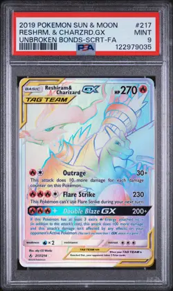 2019 POKEMON SUN & MOON UNBROKEN BONDS FULL ART/RESHIRAM & CHARIZARD GX PSA 9 - Image 1