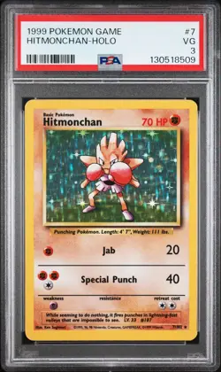1999 POKEMON BASE SET UNLIMITED #7 HITMONCHAN-HOLO PSA 3 - Image 1