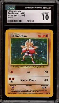 Pokemon Hitmonchan Base Set Unlimited Holo Rare #7 CGC 10 Gem Mint - Image 1