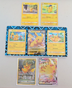 Lot of 7 Pokemon Pikachu Cards w/Display Case - Basic, VMax, V, Pokemon Go - Image 1