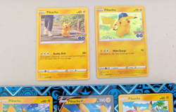 Lot of 7 Pokemon Pikachu Cards w/Display Case - Basic, VMax, V, Pokemon Go - Image 4