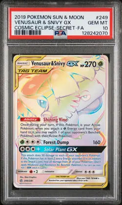 2019 POKEMON SUN & MOON COSMIC ECLIPSE #249 FULL ART/VENUSAUR & SNIVY GX PSA 10 - Image 1