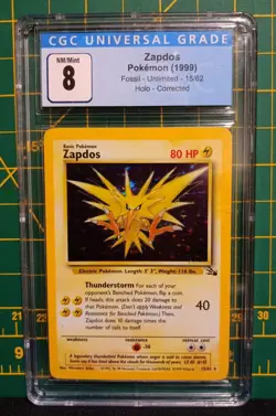 Pokemon WOTC TCG Zapdos 15/62 Cosmos Holo Rare Fossil Unlimited 1999 CGC 8 - Image 1