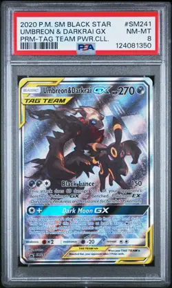 2020 POKEMON SM BLACK STAR PROMO TAG TEAM POWERS COLL UMBREON & DARKRAI GX PSA 8 - Image 1