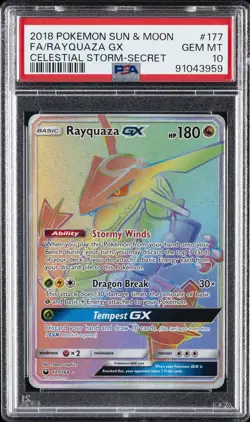 2018 POKEMON SUN & MOON CELESTIAL STORM SECRET #177 FULL ART/RAYQUAZA GX PSA 10 - Image 1