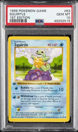 1999 POKEMON GAME 1ST ED #63 SQUIRTLE PSA 10 - Image 1