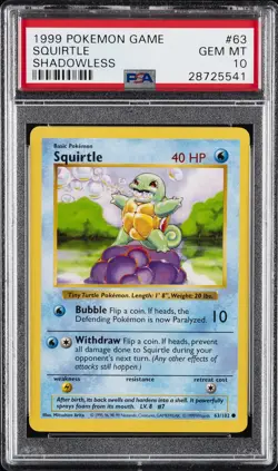 1999 POKEMON GAME SHADOWLESS #63 SQUIRTLE PSA 10 - Image 1