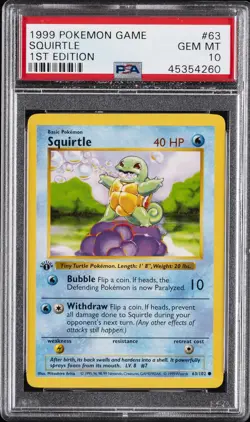 1999 POKEMON GAME 1ST ED #63 SQUIRTLE PSA 10 - Image 1