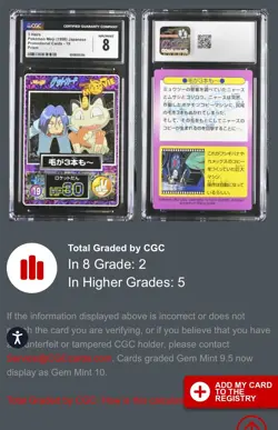 1998 Pokemon Japanese Meiji Promo Prism 3 Hairs #19 Meowth CGC -8 LOW Pop - Image 3