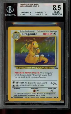 BGS 8.5 NM-MT+ Pokemon Dragonite Fossil Unlimited Holo Rare 4/62 - Image 1