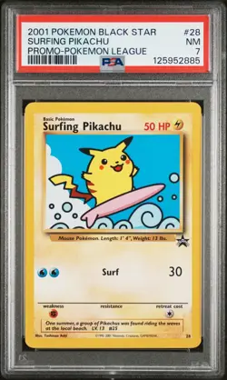 2001 WOTC POKEMON LEAGUE SURFING PIKACHU #28 BLACK STAR PROMO PSA 7 NM B - Image 1