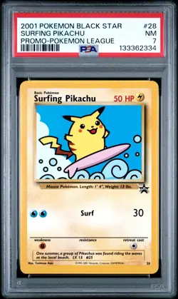 2001 POKEMON PROMO BLACK STAR POKEMON LEAGUE #28 SURFING PIKACHU PSA 7 - Image 1