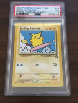 Vintage 2001 POKEMON PROMO BLACK STAR POKEMON LEAGUE #28 SURFING PIKACHU PSA 7 - Image 1