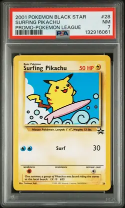 2001 POKEMON PROMO BLACK STAR POKEMON LEAGUE #28 SURFING PIKACHU PSA 7 - Image 1