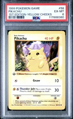 1999 Pokemon Game #58 Pikachu 1st Edition Yellow Cheeks PSA 6 EX-MT!! - Image 1