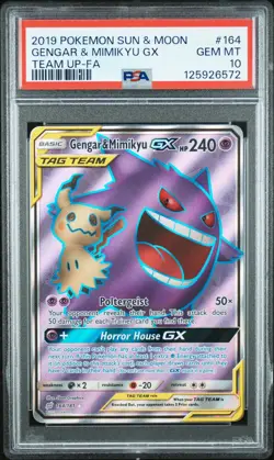 2019 POKEMON SUN & MOON TEAM UP #164 FULL ART/GENGAR & MIMIKYU GX PSA 10 - Image 1