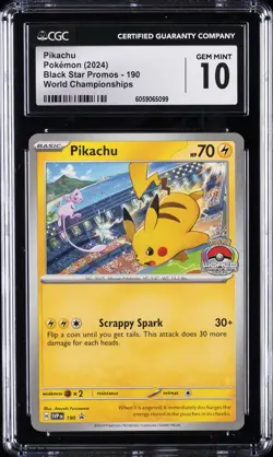 2024 POKEMON BLACK STAR PROMOS WORLD CHAMPIONSHIPS #190 PIKACHU CGC 10 GEM MINT - Image 1