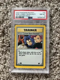 2000 Pokemon 1st Edition Here Comes Team Rocket! Holo Team Rocket 15/82 PSA 8 - Image 1