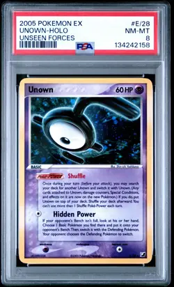 2005 POKEMON EX UNSEEN FORCES #E/28 UNOWN-HOLO PSA 8 - Image 1