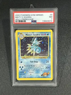 2000 Pokemon Gym Heroes MISTY’S SEADRA Prerelease Holo Card 9/132 Swirl PSA 7 🔥 - Image 1