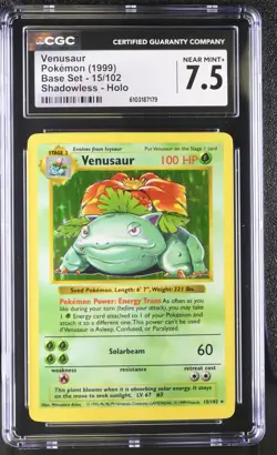 1999 WOTC POKEMON GAME UNLIMITED SHADOWLESS VENUSAUR #15/102 RARE HOLO CGC 7.5 - Image 1