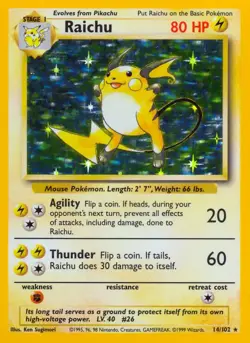 Raichu - 14/102 - Pokemon Base Set Unlimited Holo Rare Card WOTC NM - Image 1