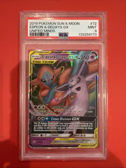 2019 Pokemon Unified Minds Espeon & Deoxys GX 72 Sun & Moon PSA 9 - Image 1
