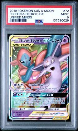 2019 POKEMON SUN & MOON UNIFIED MINDS #72 ESPEON & DEOXYS GX PSA 9 - Image 1