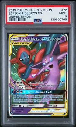 2019 POKEMON SUN & MOON UNIFIED MINDS #72 ESPEON & DEOXYS GX PSA 9 - Image 1