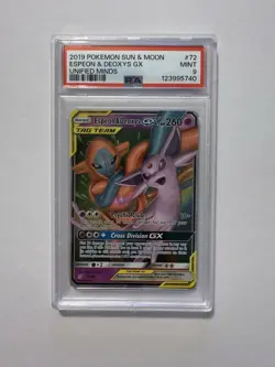 2019 Pokemon Unified Minds Espeon & Deoxys GX 72 Sun & Moon PSA 9 - Image 1