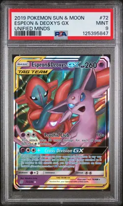 2019 POKEMON SUN & MOON UNIFIED MINDS #72 ESPEON & DEOXYS GX PSA 9 - Image 1